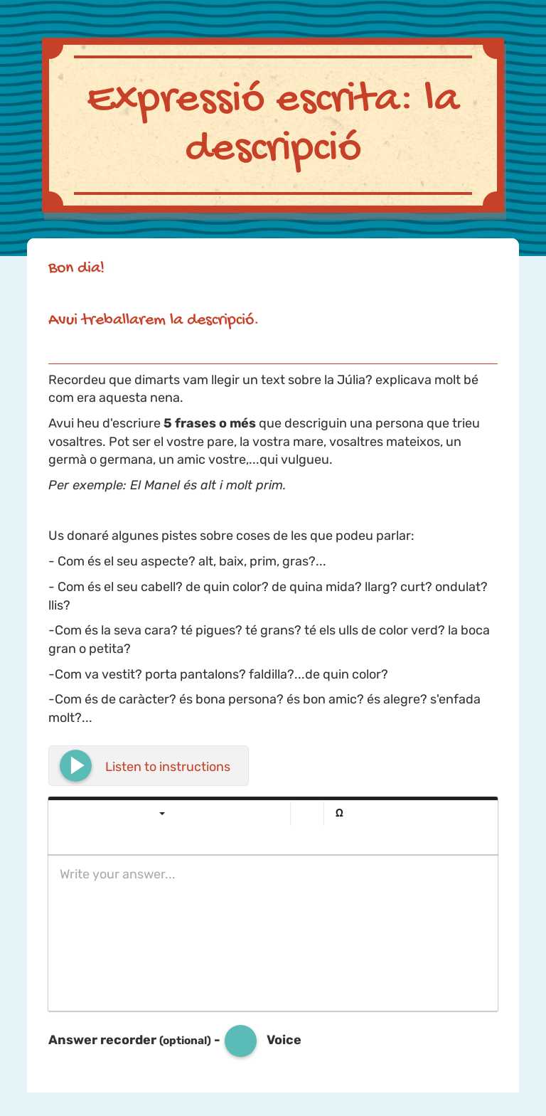 Expressió escrita: 
la descripció worksheet preview image