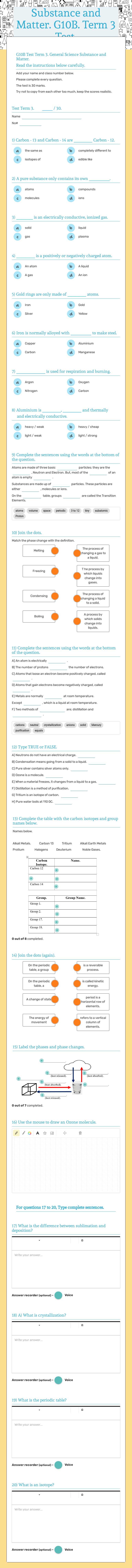 Substance and Matter. G10B. Term 3 Test. worksheet preview image