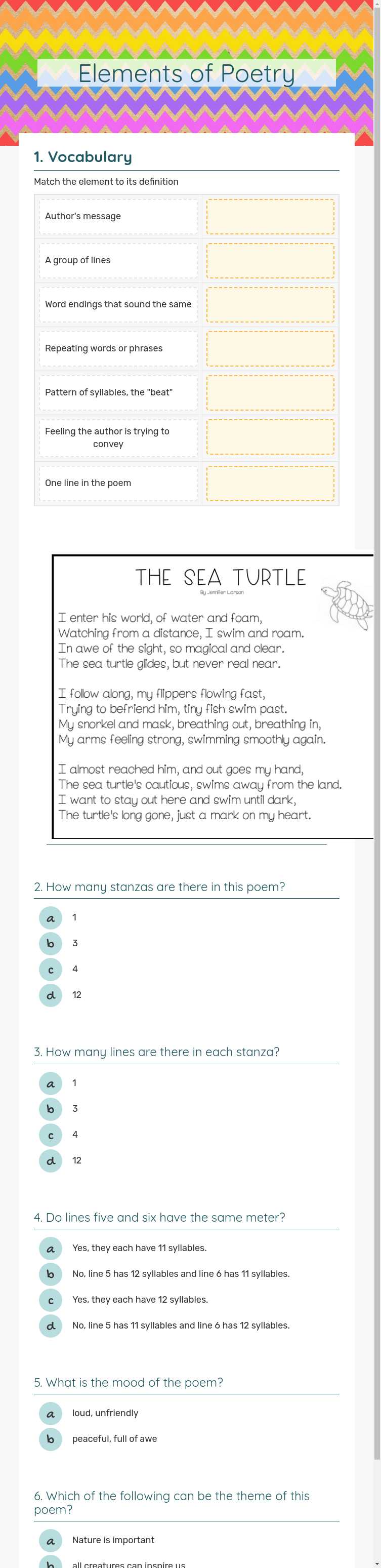 Elements of Poetry worksheet preview image