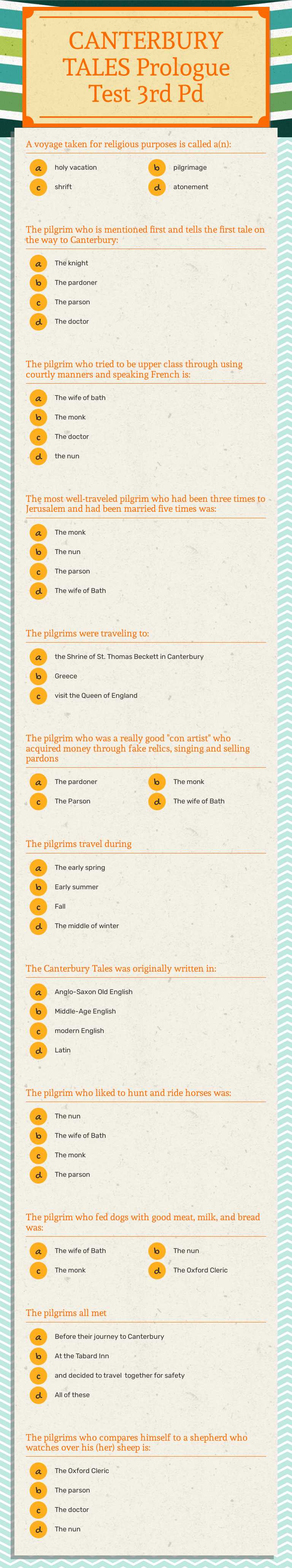 CANTERBURY TALES Prologue Test 3rd Pd worksheet preview image