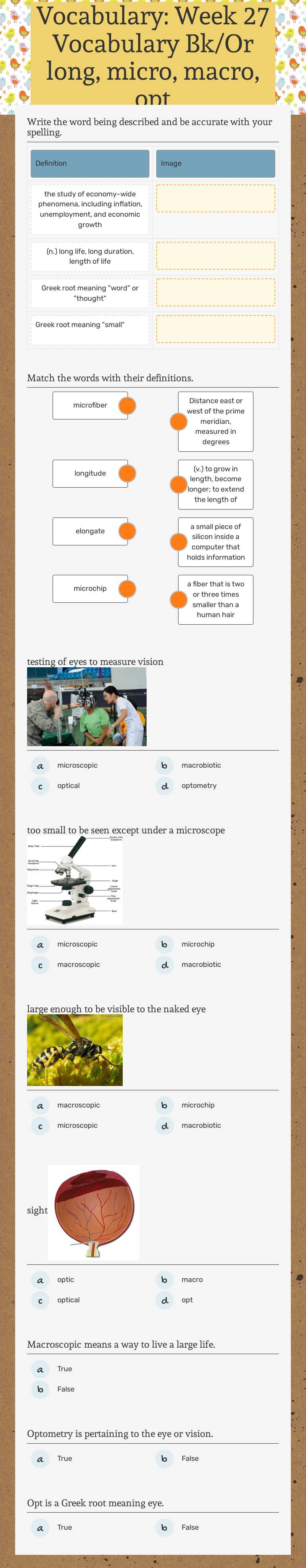 Vocabulary: Week 27 Vocabulary Bk/Or long, micro, macro, opt worksheet preview image