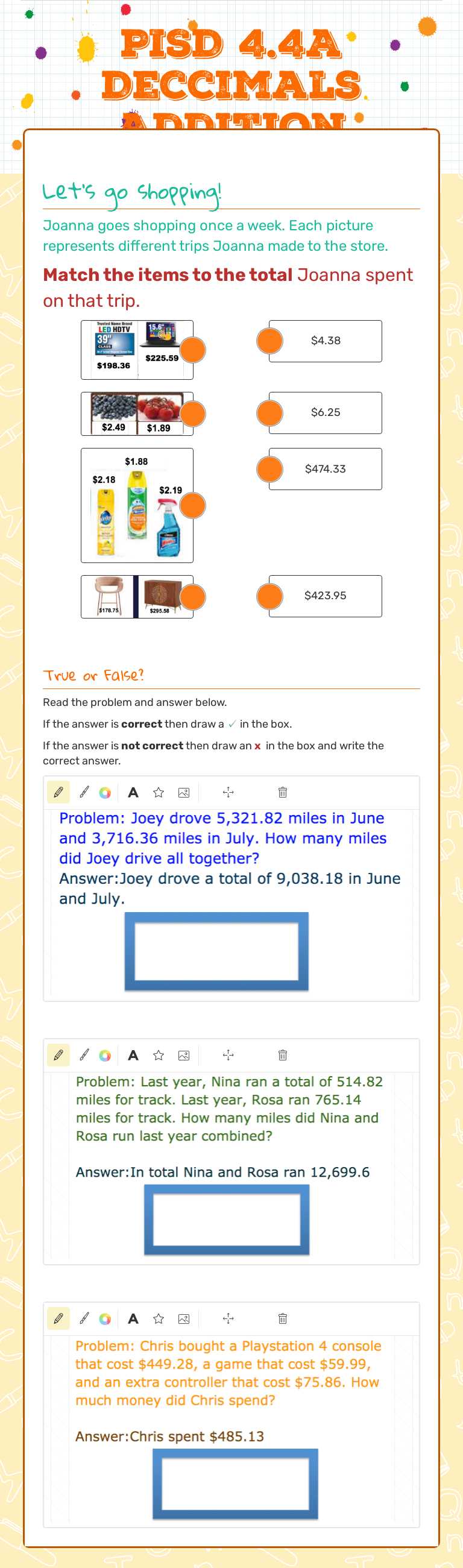PISD 4.4A Deccimals Addition worksheet preview image