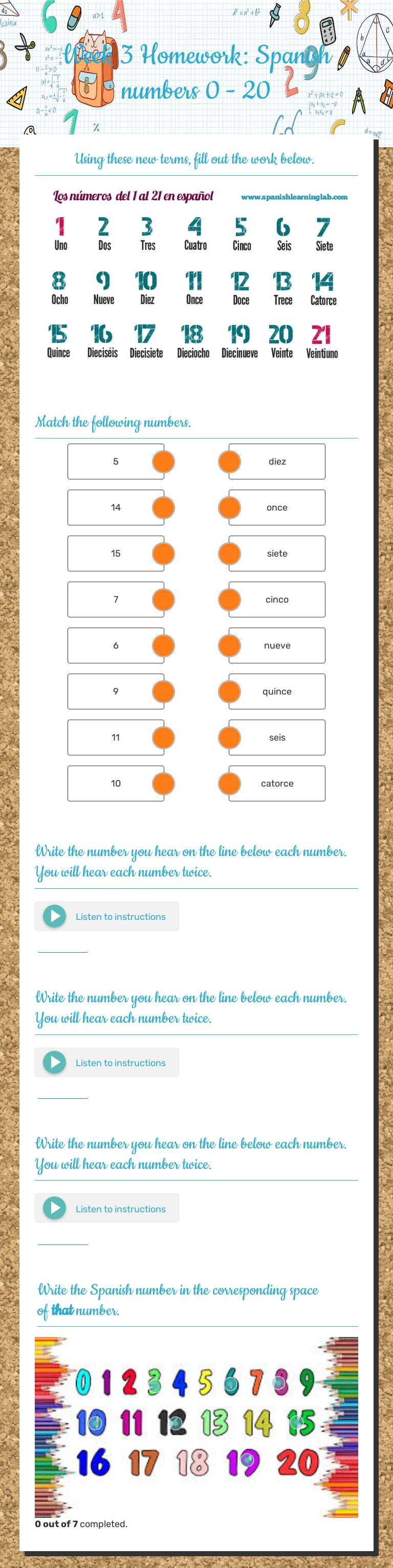 Week 3 Homework: Spanish numbers 0 - 20 worksheet preview image
