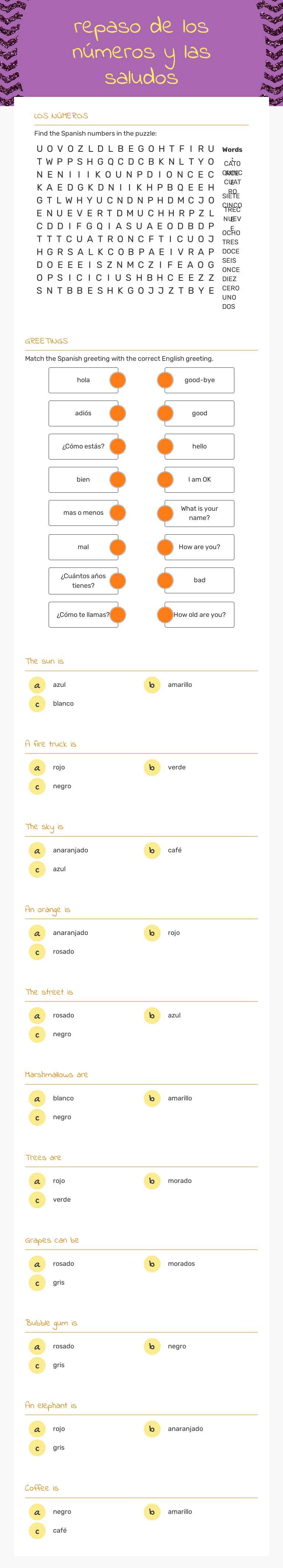 repaso de los números y las saludos worksheet preview image