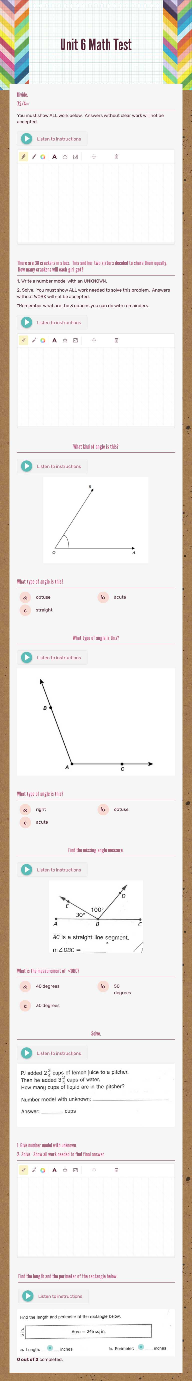 Unit 6 Math Test worksheet preview image