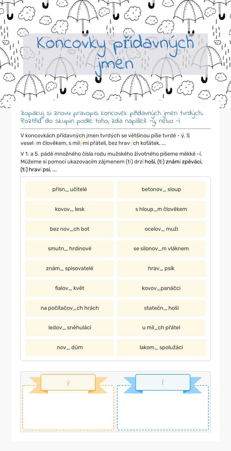 Koncovky přídavných jmen Grade 6 worksheet preview