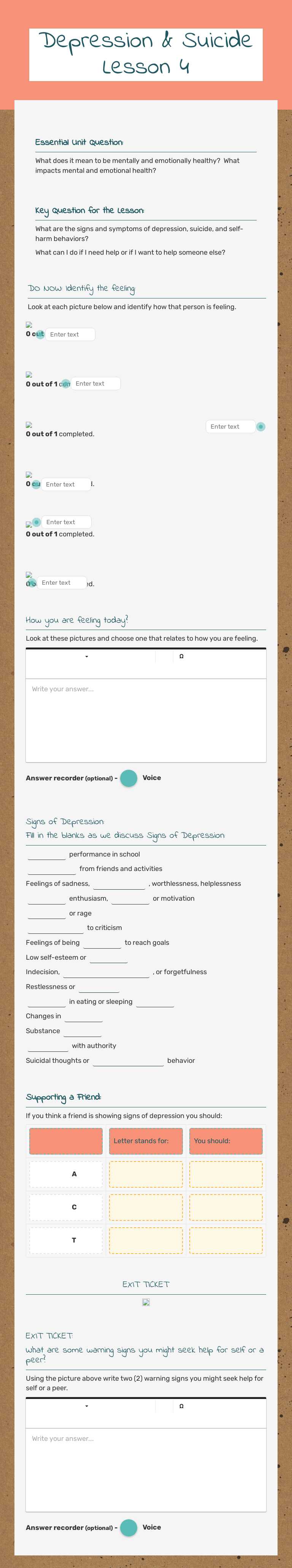 Depression & Suicide Lesson 4 worksheet preview
