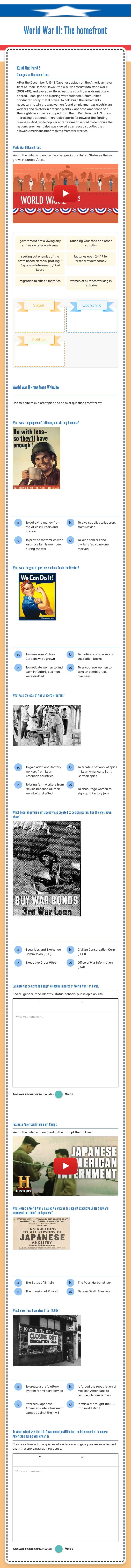 World War II: The homefront Grade 10 worksheet preview