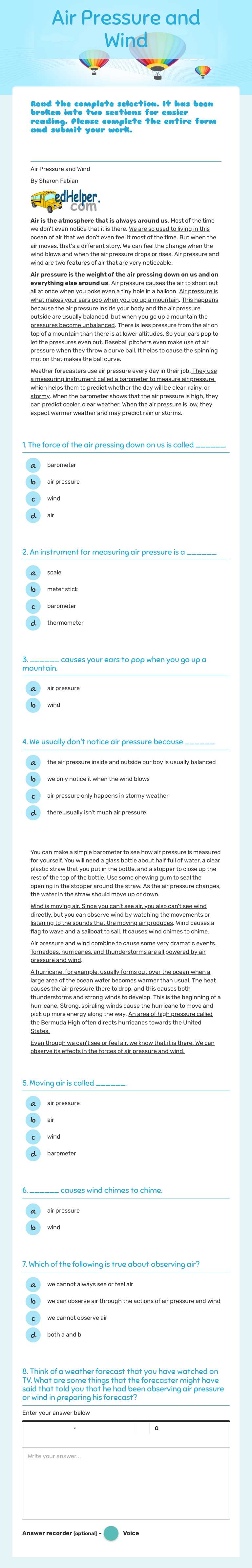Air Pressure and Wind worksheet preview image