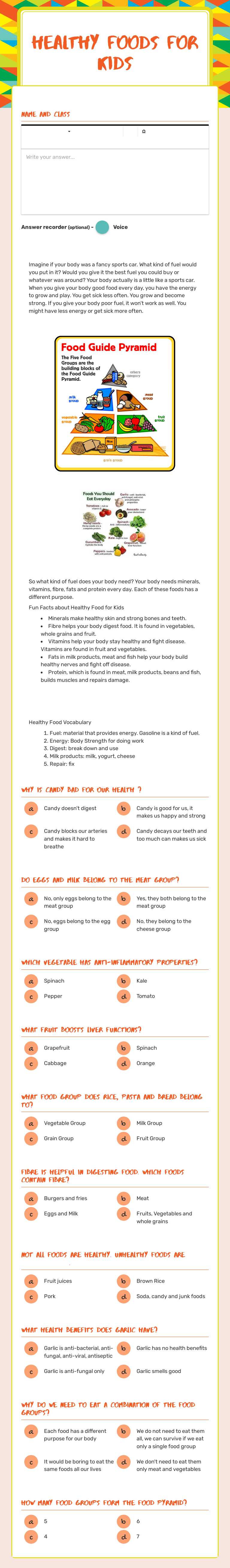 Healthy Foods for kids worksheet preview image