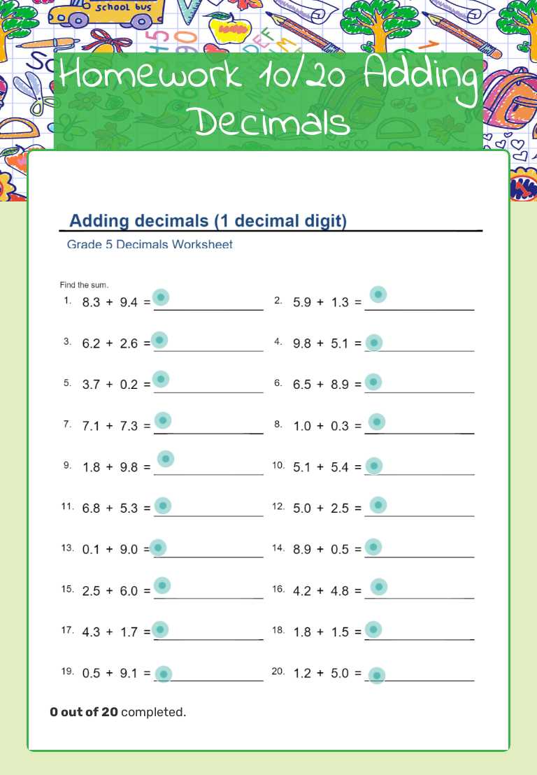 Homework 10/20  Adding Decimals worksheet preview image
