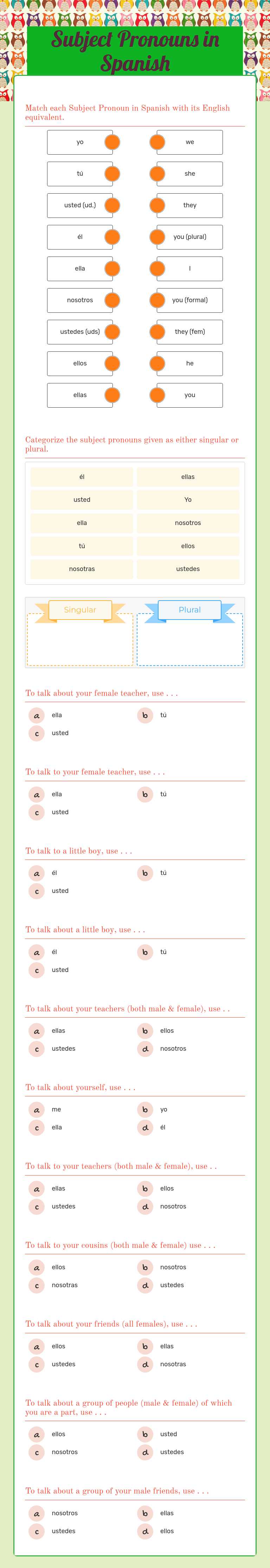 Subject Pronouns in Spanish worksheet preview image