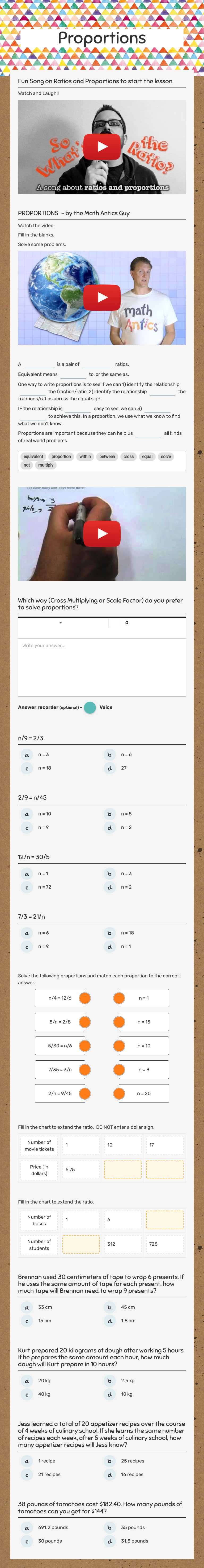 Proportions worksheet preview image