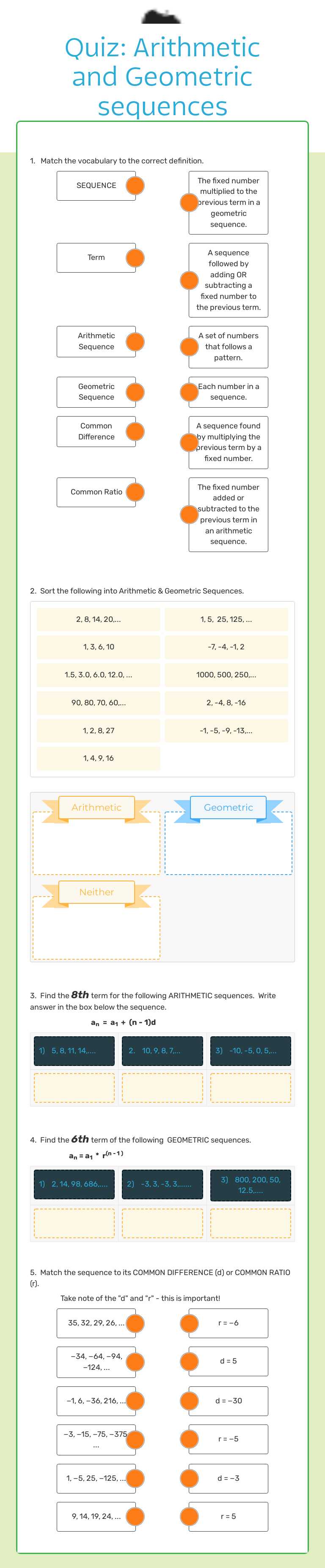 Quiz: Arithmetic and Geometric sequences Grade 10 worksheet preview