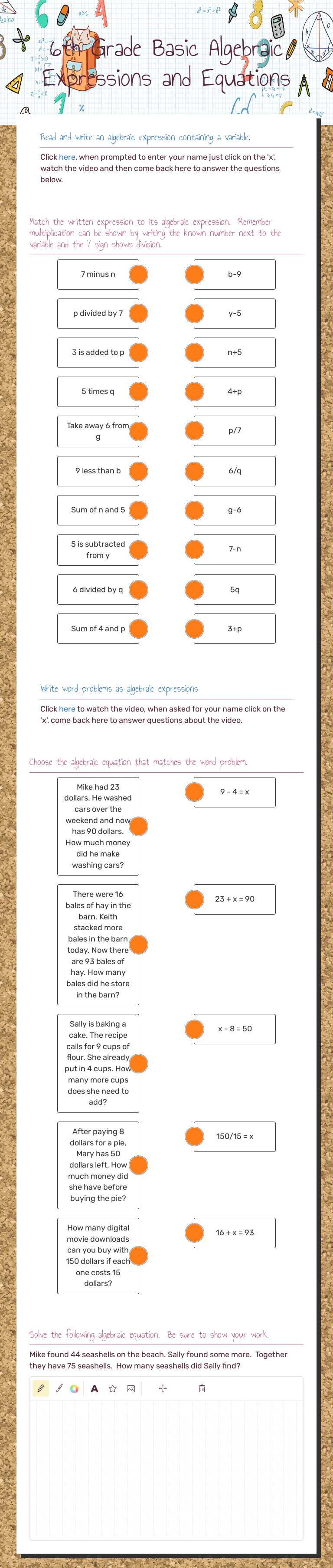 6th Grade Basic Algebraic Expressions and Equations worksheet preview image