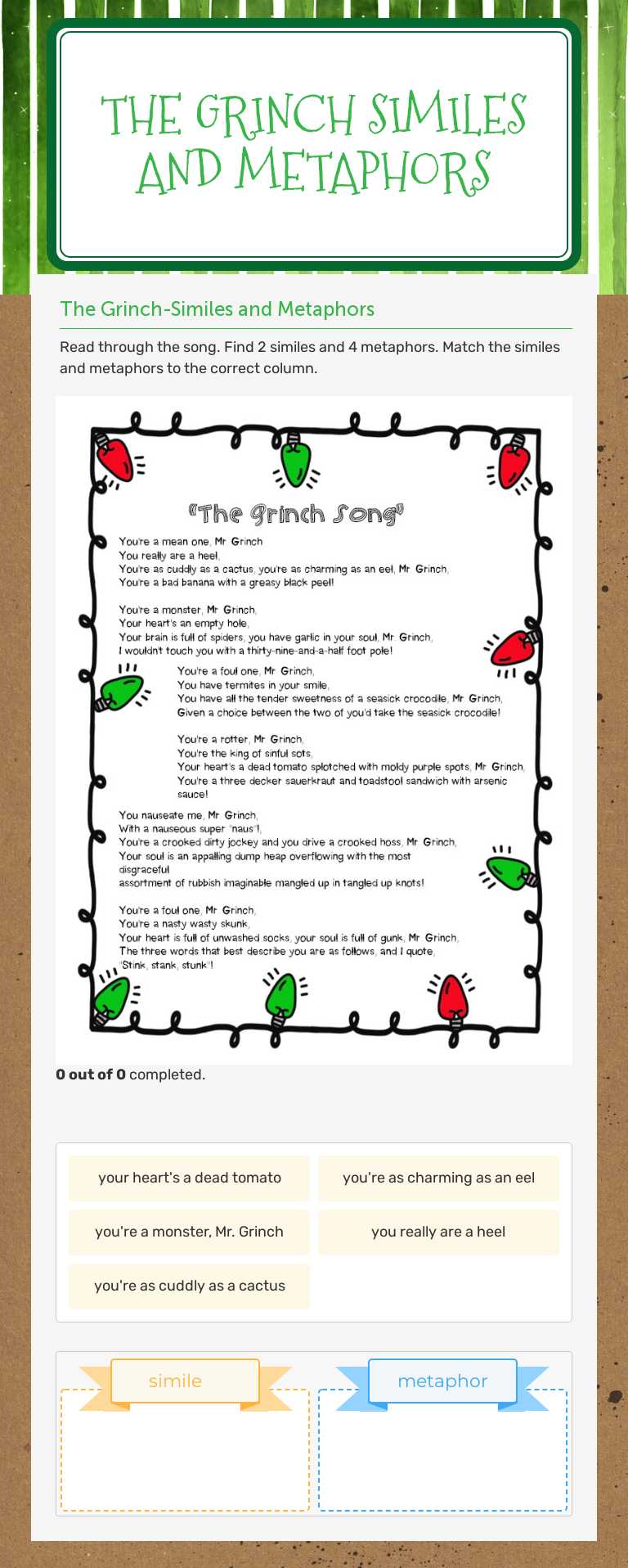 The Grinch 
similes and metaphors Grade 4 worksheet preview