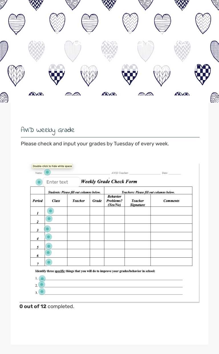 AVID WEEKLY GRADE CHECK worksheet preview image