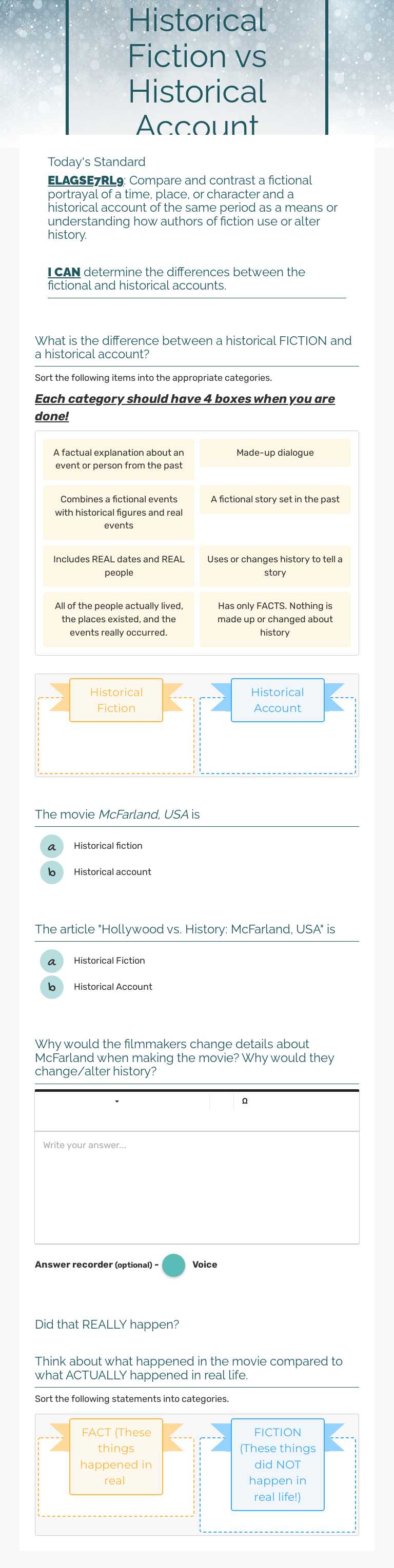 Historical Fiction vs Historical Account worksheet preview image