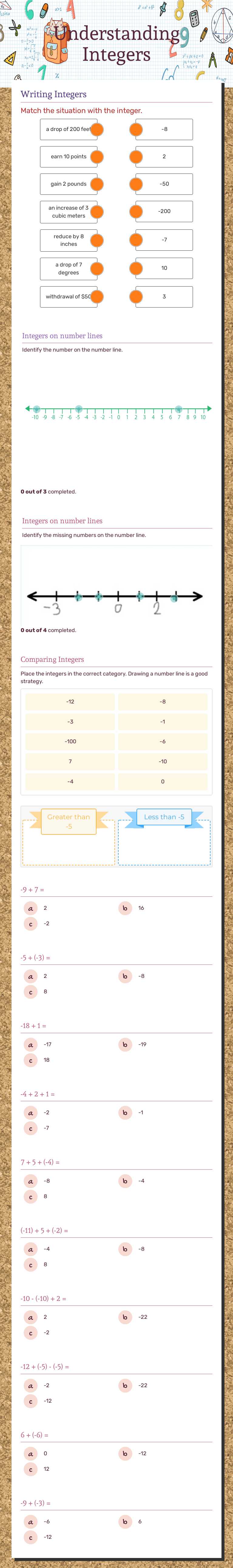 Understanding Integers worksheet preview image