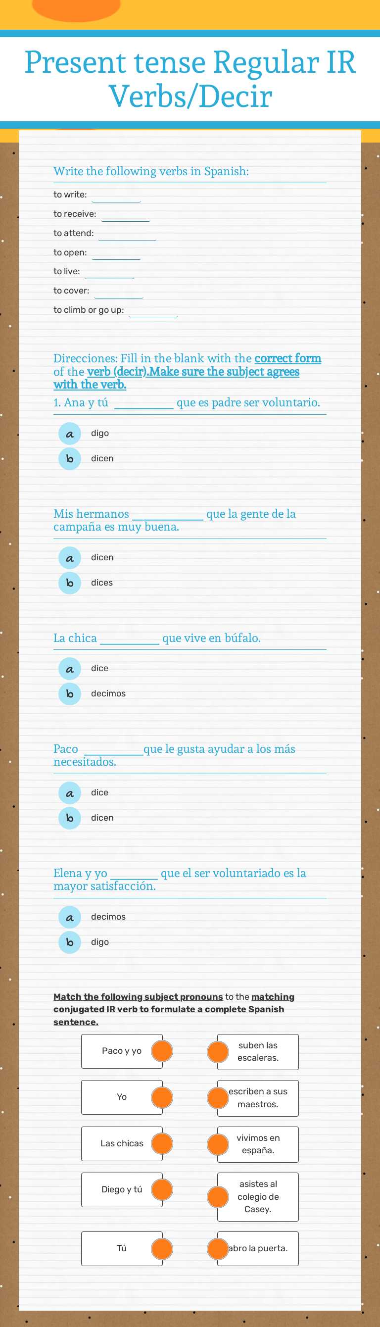 Present tense Regular
 IR Verbs/Decir worksheet preview image