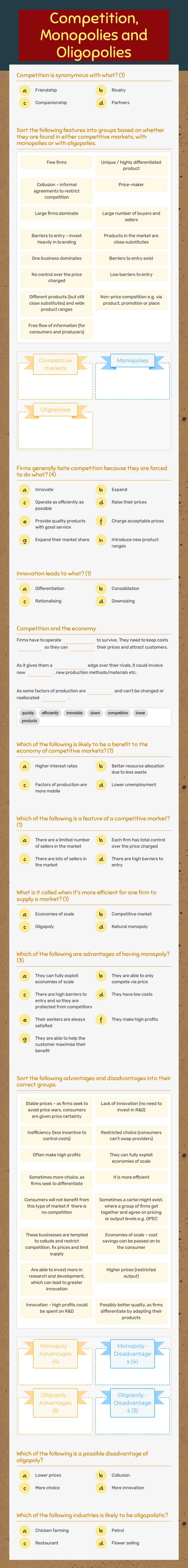 Competition, Monopolies and Oligopolies worksheet preview image