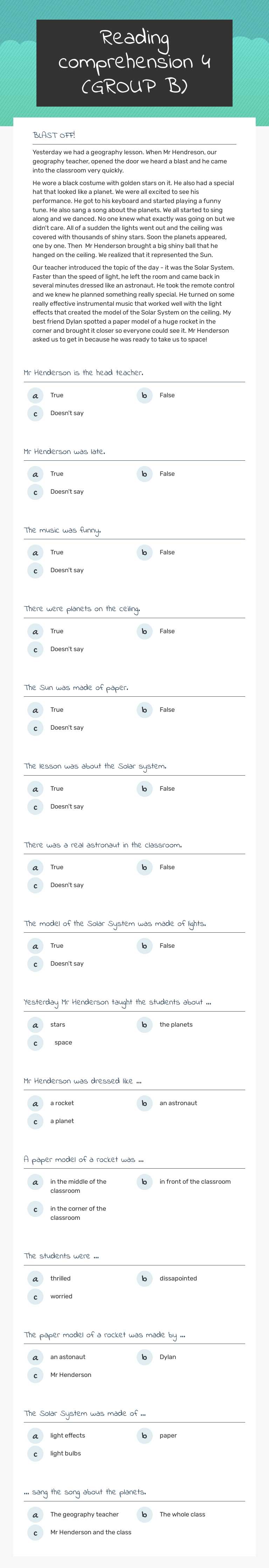 Reading comprehension 4  (GROUP B) Grade 6 worksheet preview