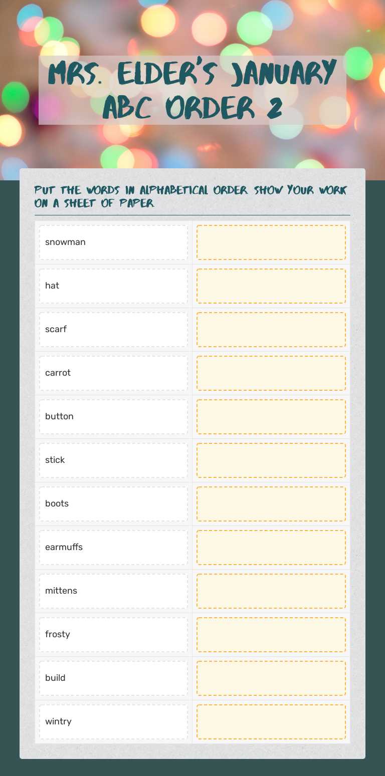 Mrs. Elder's January ABC Order 2 worksheet preview image