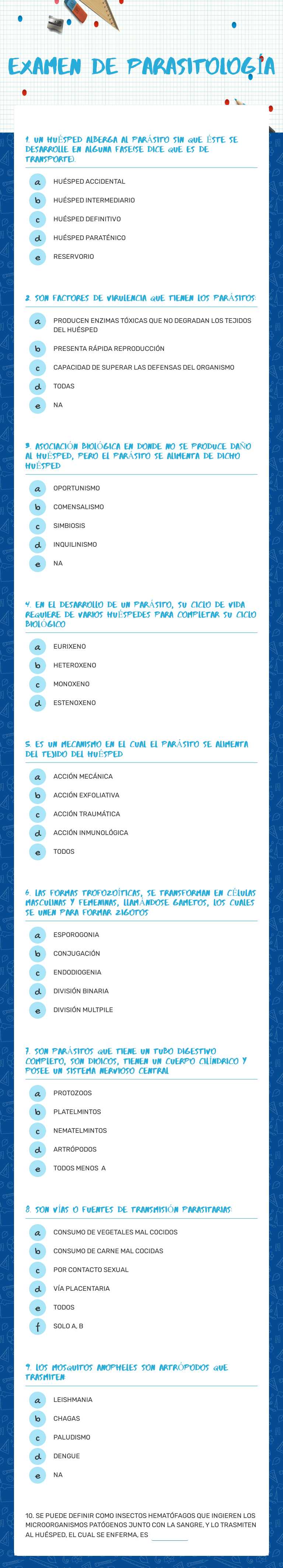 EXAMEN DE PARASITOLOGÍA worksheet preview image