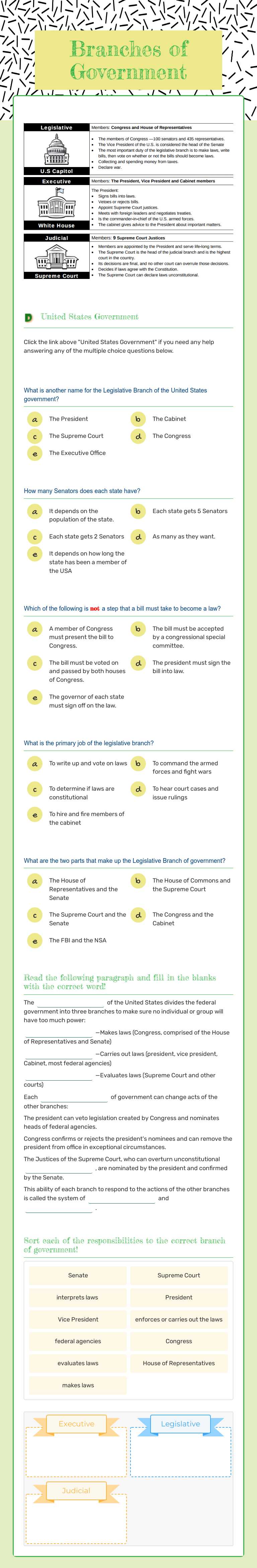 Branches of Government worksheet preview image