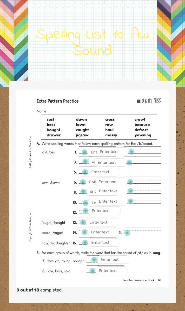 Spelling List 10: Aw Sound worksheet preview image