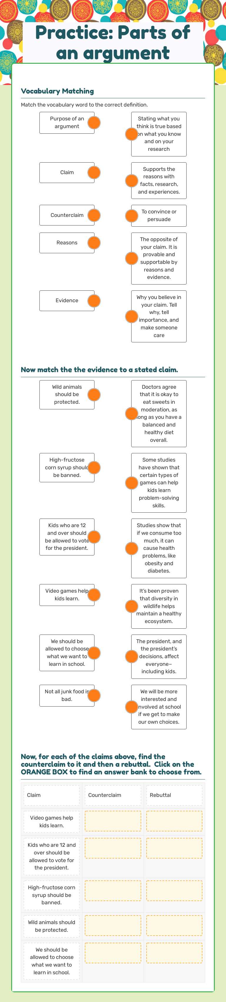 Practice: Parts of an argument worksheet preview image