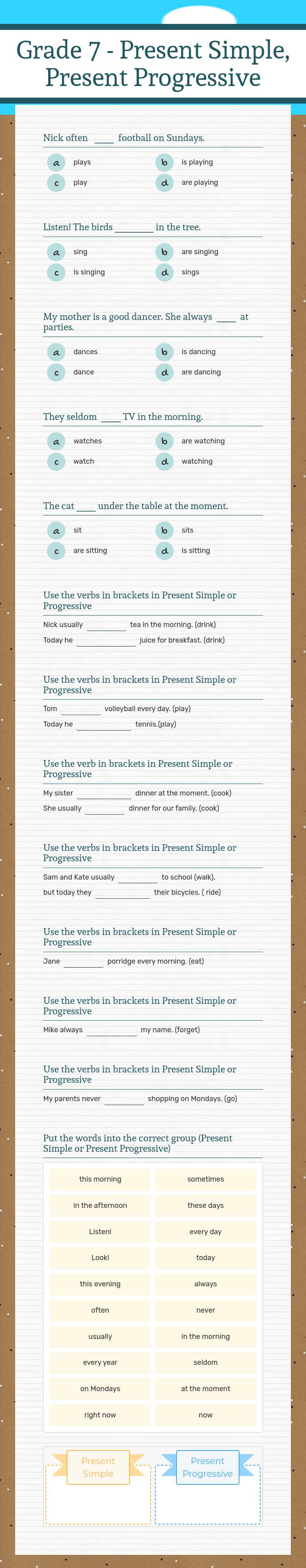 Grade 7 - Present Simple, 
Present Progressive worksheet preview image