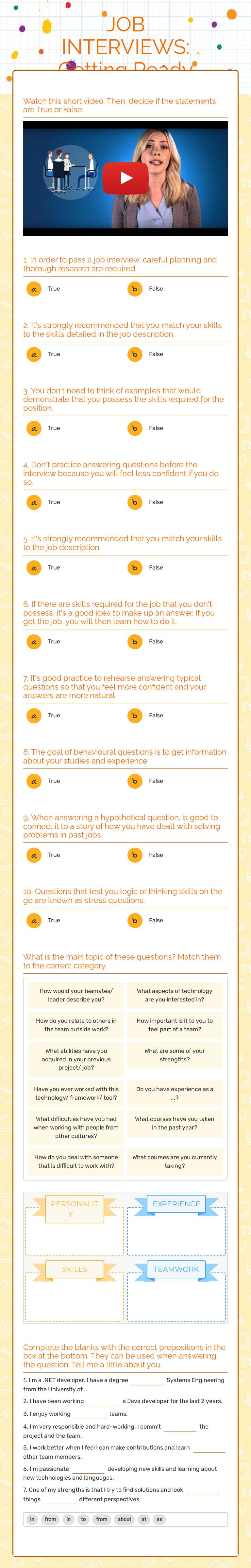JOB INTERVIEWS: Getting Ready worksheet preview image