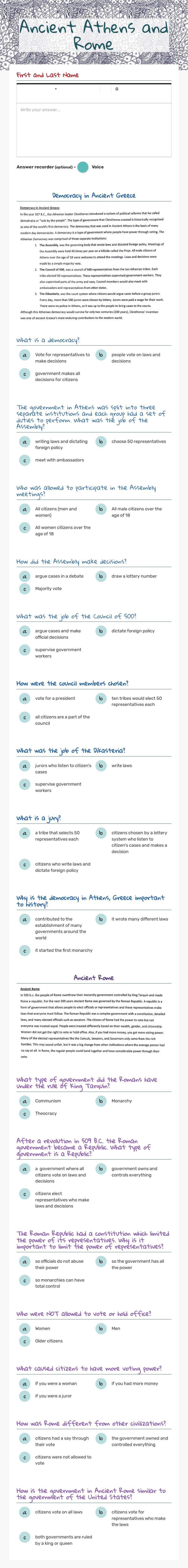 Ancient Athens and Rome worksheet preview image