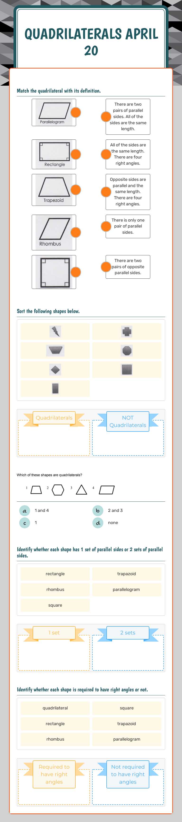 Quadrilaterals     April 20 worksheet preview image