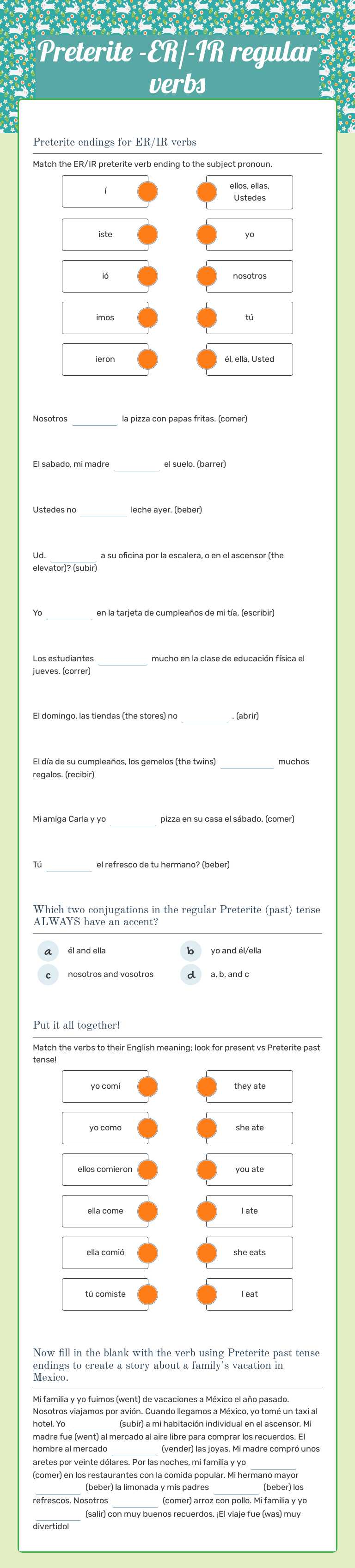 Preterite -ER/-IR regular verbs worksheet preview image