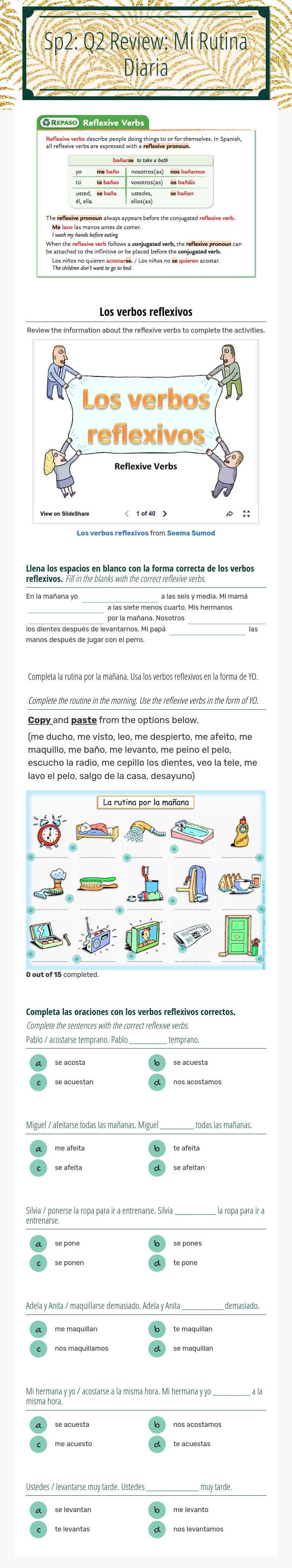 Sp2: Q2  Review: 
Mi Rutina Diaria worksheet preview image