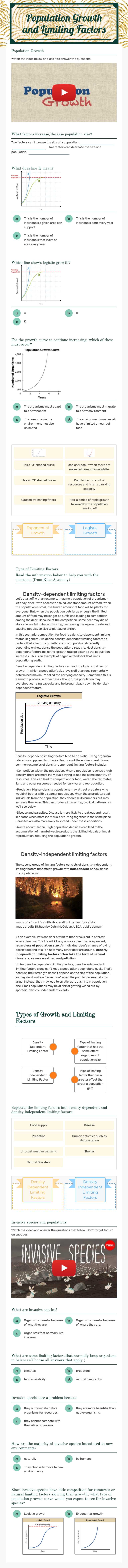 Population Growth and Limiting Factors worksheet preview image