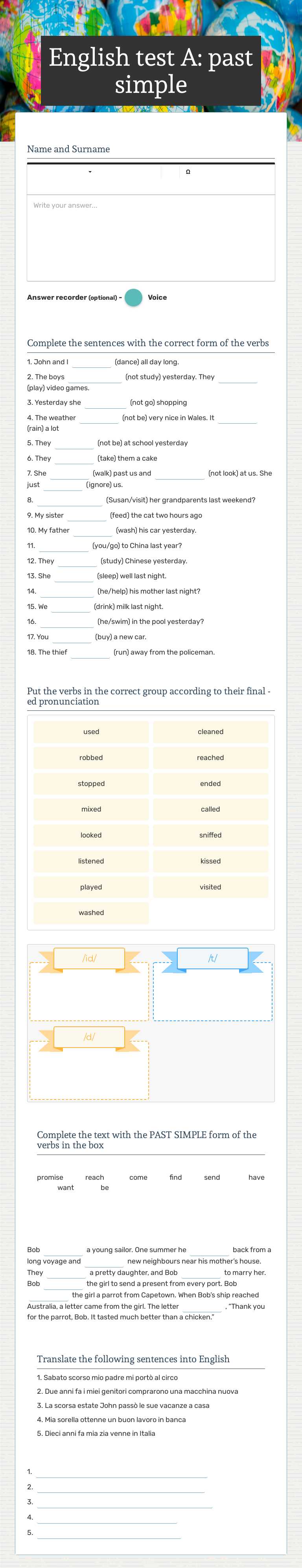 English test A: past simple worksheet preview image