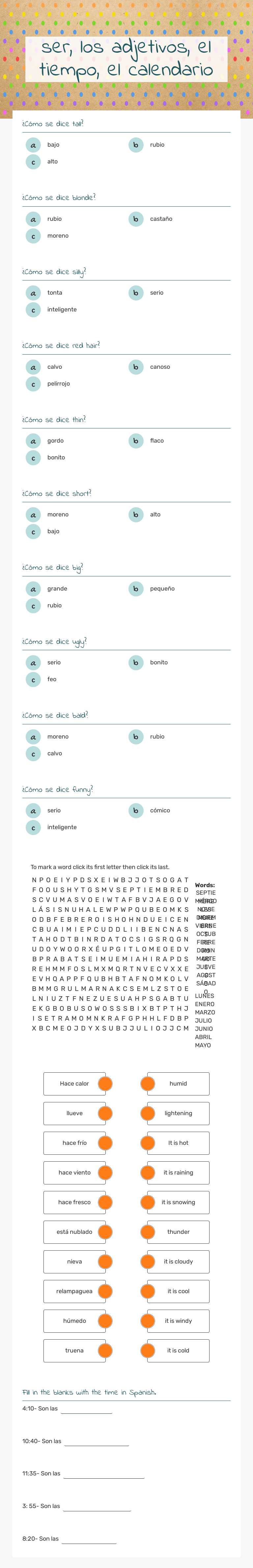 ser, los adjetivos, el tiempo, el calendario worksheet preview image