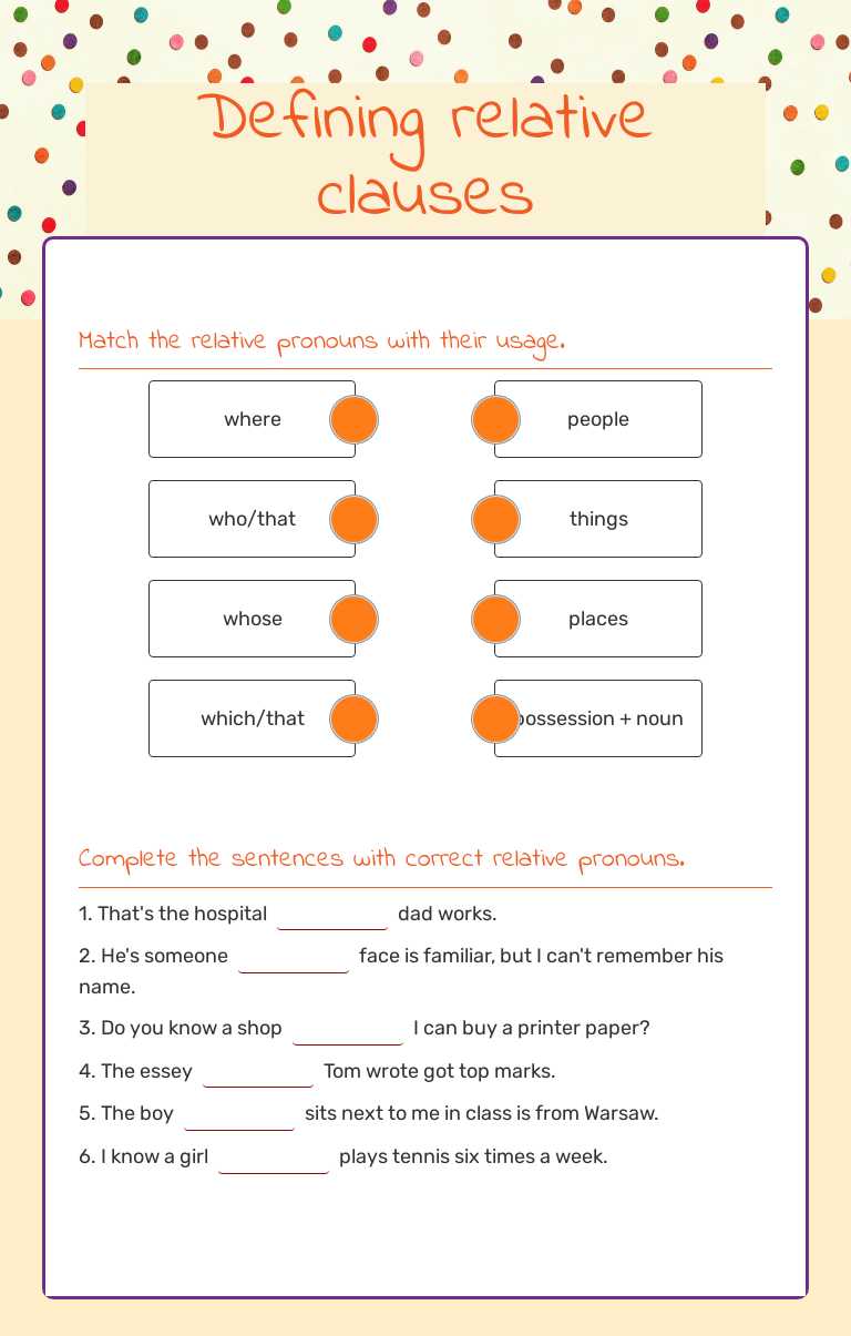 Defining relative clauses worksheet preview image