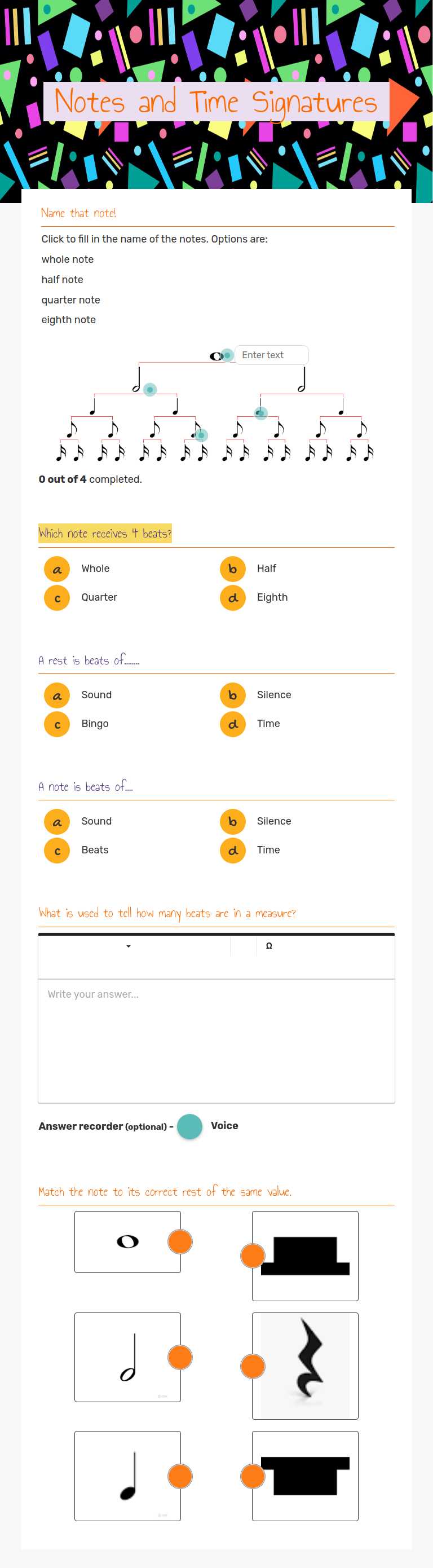 Notes and Time Signatures worksheet preview image
