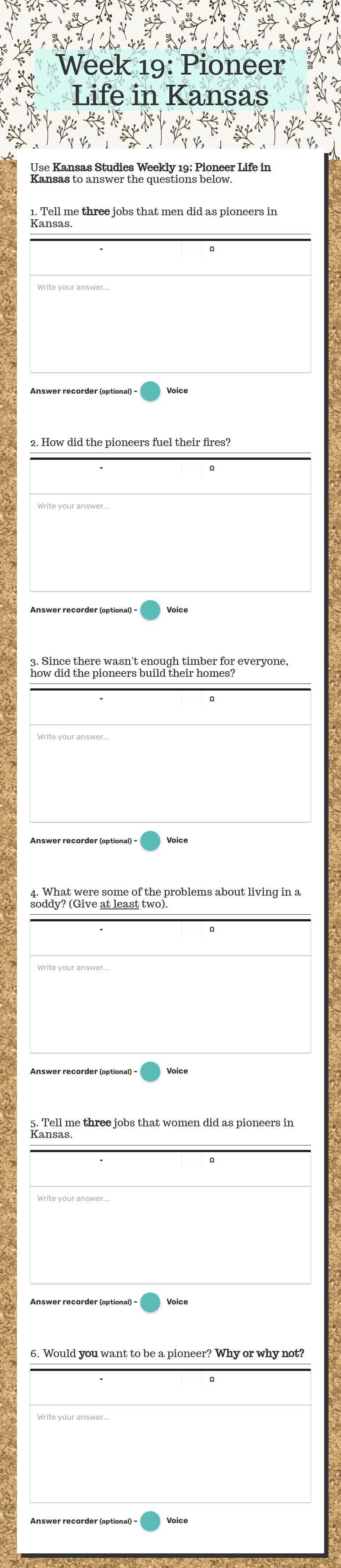 Week 19: Pioneer Life in Kansas worksheet preview image