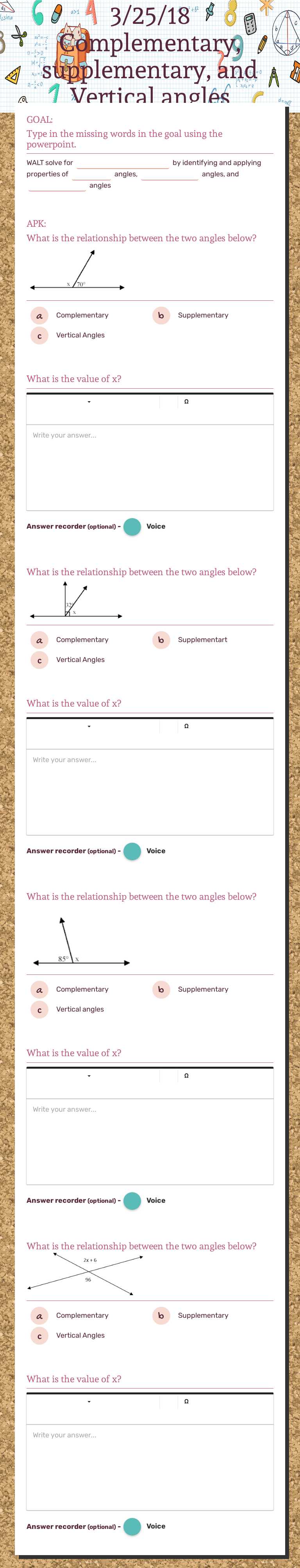 3/25/18
Complementary, supplementary, and Vertical angles worksheet preview image
