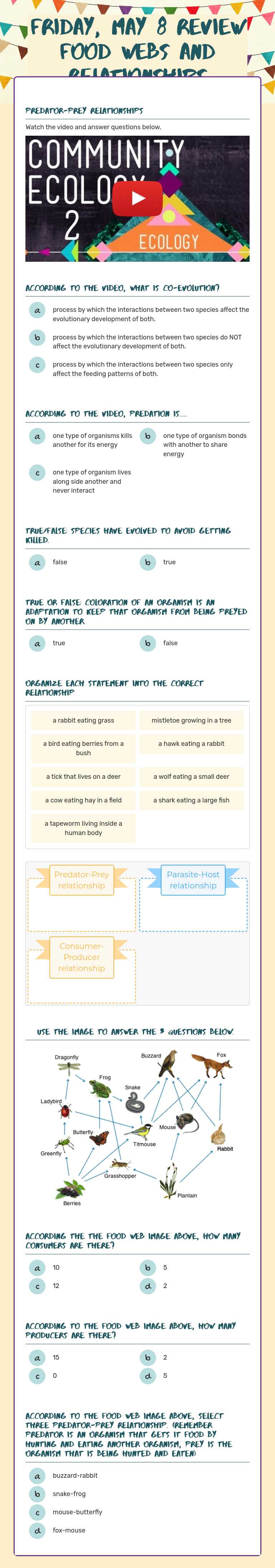 Friday, May 8 Review Food Webs and Relationships Grade 6 worksheet preview