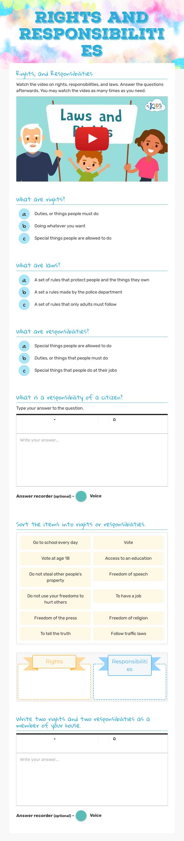Rights and Responsibilities worksheet preview image