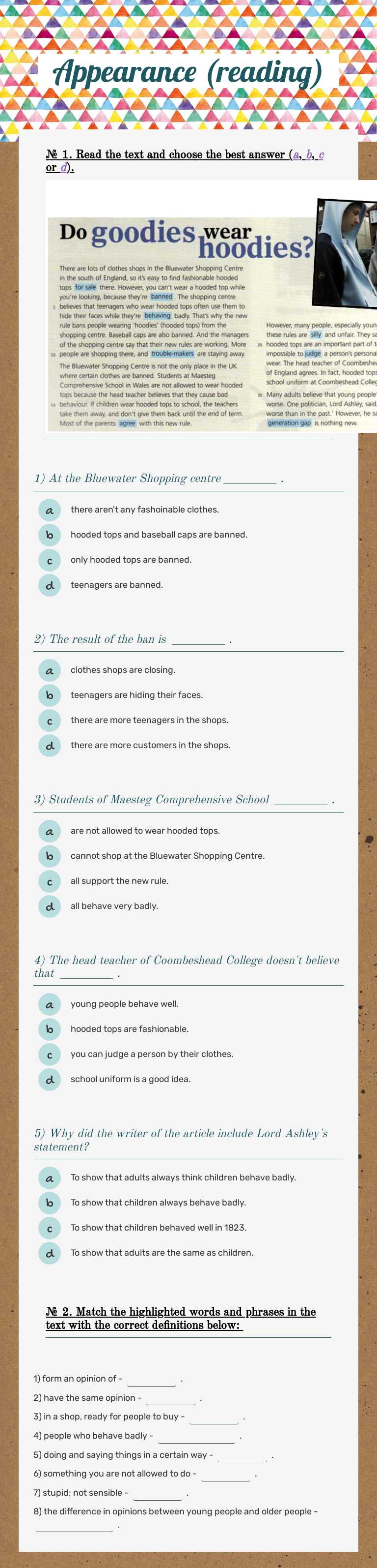 Appearance (reading) worksheet preview image