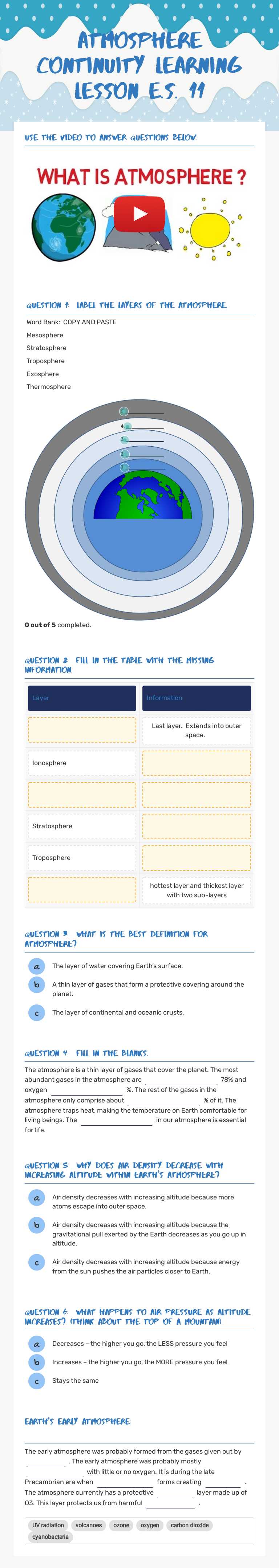 Atmosphere Continuity learning lesson E.S. 11 worksheet preview image