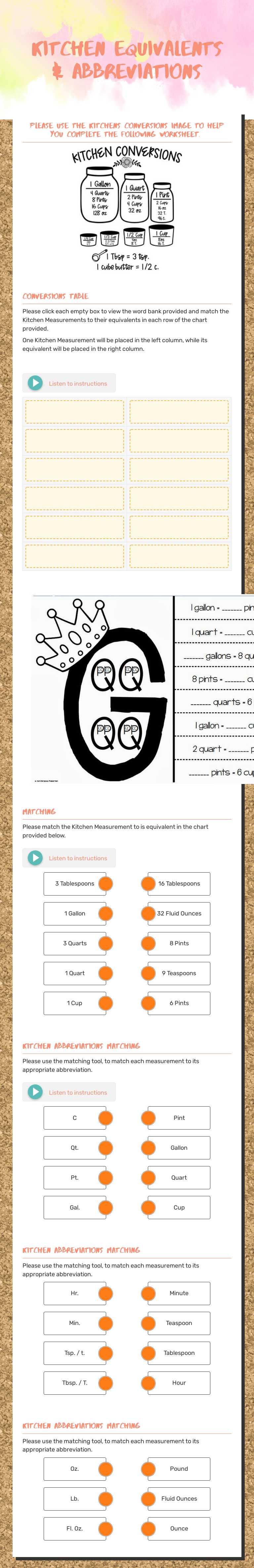 Kitchen Equivalents & Abbreviations worksheet preview image