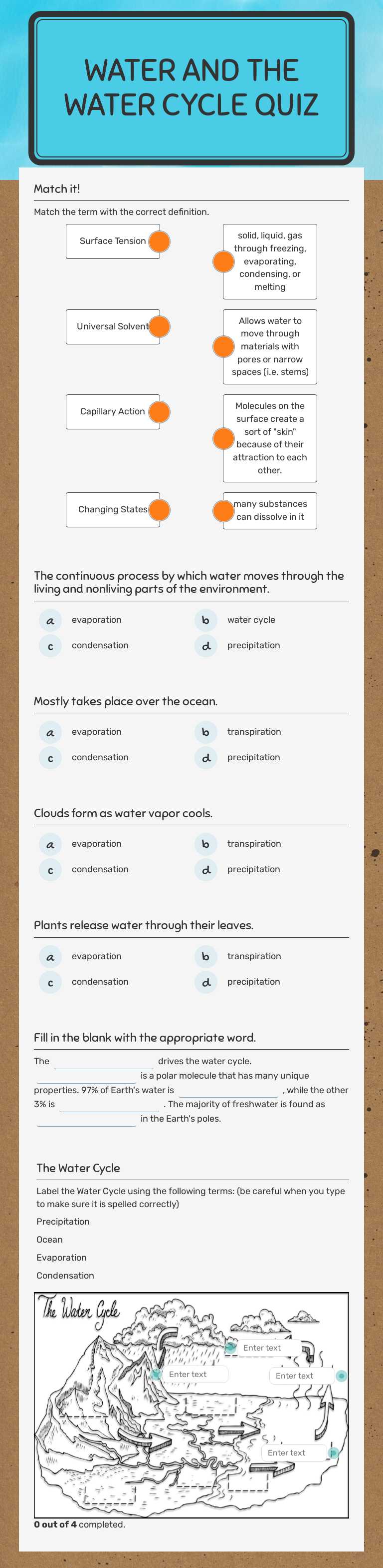 Water and the Water Cycle Quiz worksheet preview image